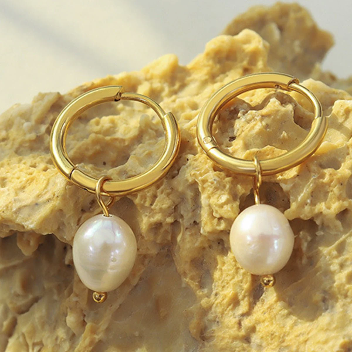 Clara | Pearl Drop Hoop Earrings - Gold - Image 2