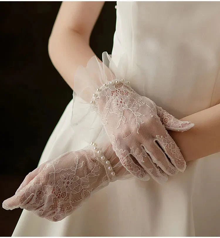 Hannah | Wrist Length Lace Gloves with Pearls - Image 11