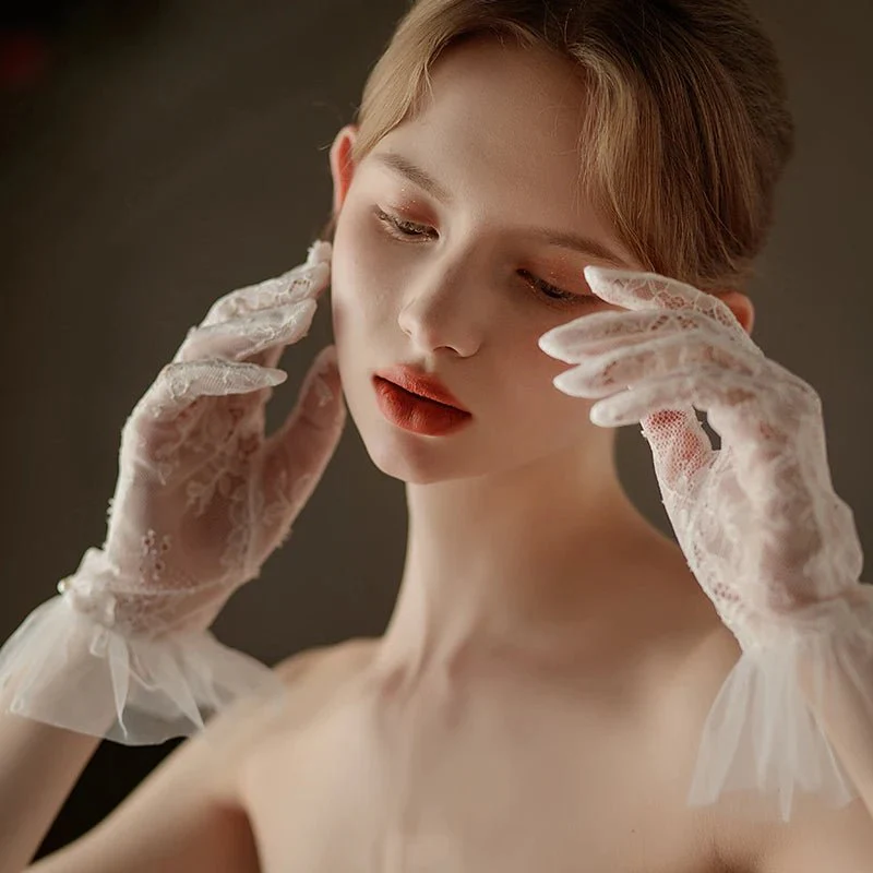 Hannah | Wrist Length Lace Gloves with Pearls - Image 2