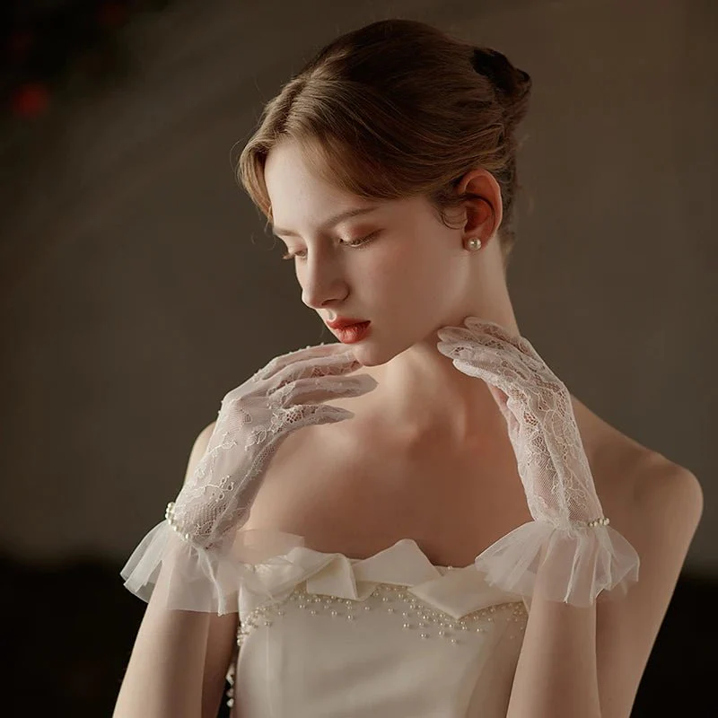 Hannah | Wrist Length Lace Gloves with Pearls - Image 3